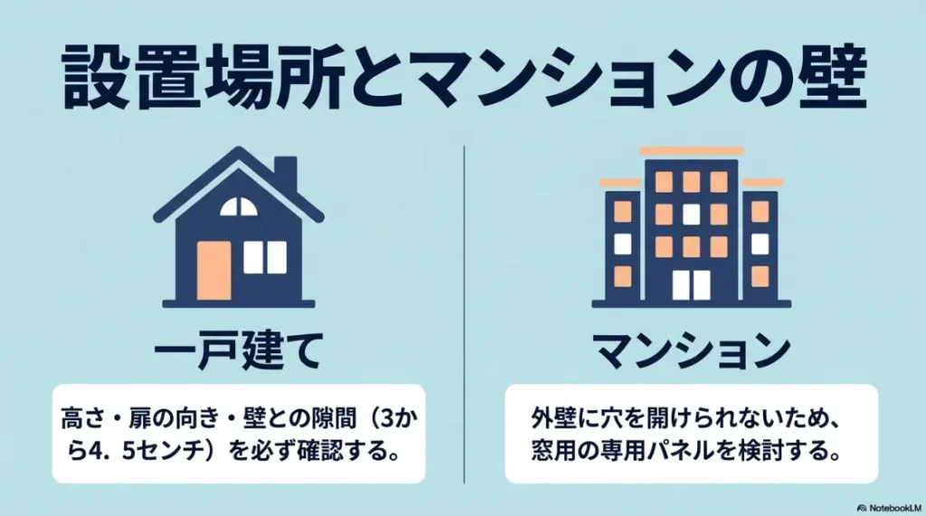 戸建て（高さ・扉・隙間）とマンション（外壁穴あけ不可・窓パネル検討）の設置条件比較スライド