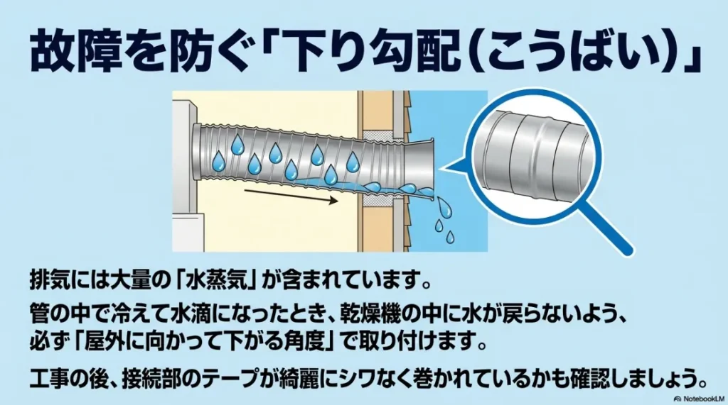 排気ダクト内の結露水が本体に逆流して故障するのを防ぐため、屋外に向かって下り勾配をつける施工ポイントの図解。