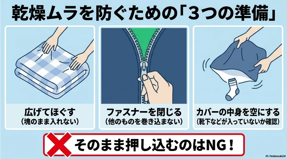 毛布やシーツを広げてほぐしファスナーを閉じてカバーの中を空にする乾燥前の準備