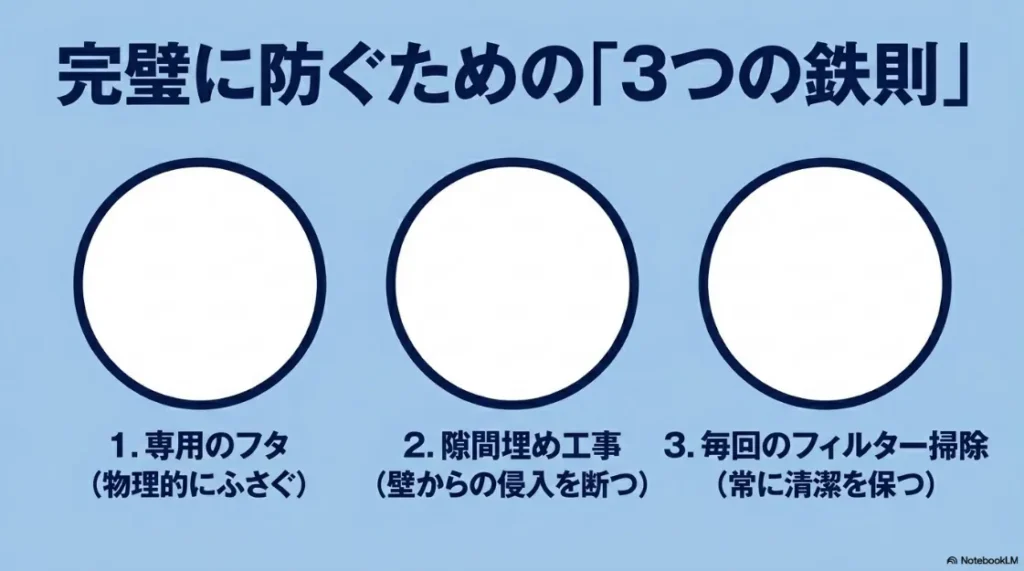 乾太くんのゴキブリ侵入を完璧に防ぐ3つの鉄則。専用のフタ、隙間埋め工事、毎回のフィルター掃除