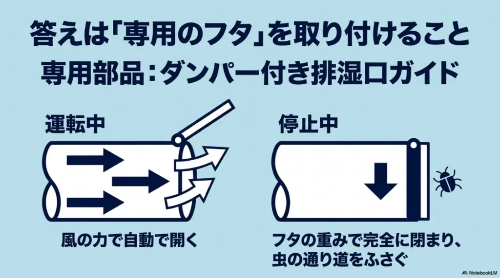 リンナイ純正部品「ダンパー付排湿口ガイド」の仕組み。運転中は風で開き、停止中はフタの重みで密閉される