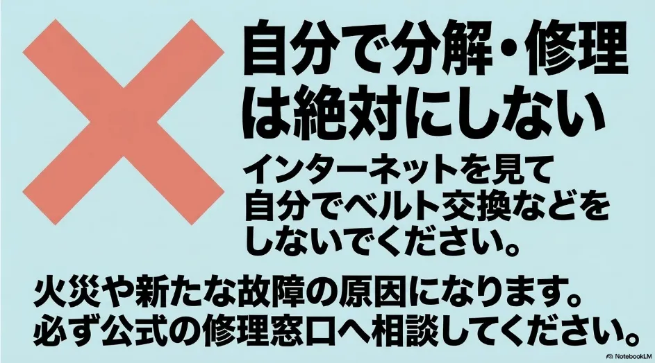 乾太くんを自分で分解したりベルト交換したりせず、公式の修理窓口へ相談するよう注意する図