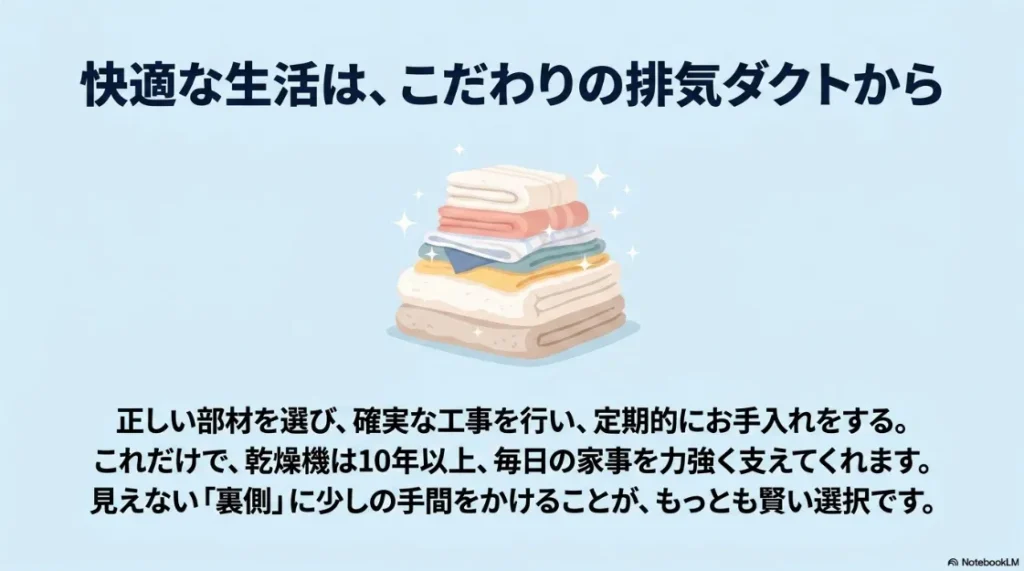 乾太くん排気ダクトのまとめスライド。正しい部材選びと確実な工事、定期的なお手入れが10年以上の快適な使用につながることを強調。