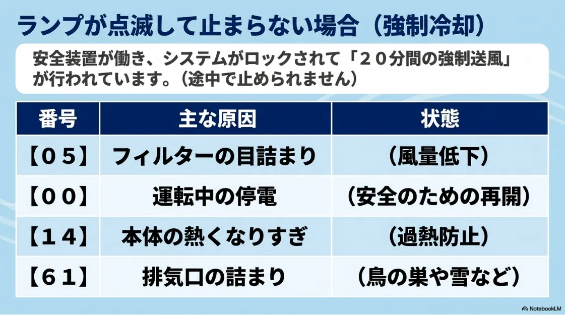 乾太くんのランプ点滅が止まらない原因(エラーコード05フィルター目詰まり、00停電、14過熱防止、61排気口詰まり)と20分間の強制送風を解説するスライド