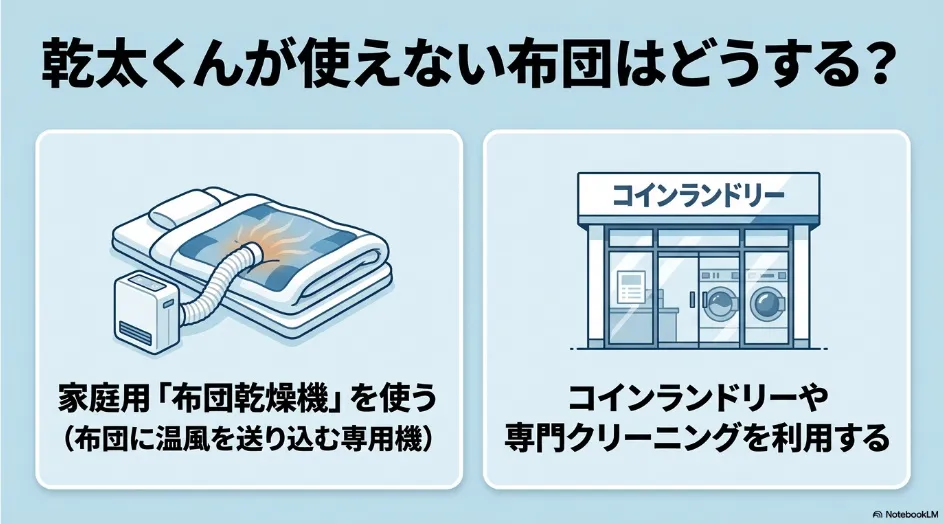 乾太くんへ入れられない布団を家庭用布団乾燥機やコインランドリーで乾燥する代替方法