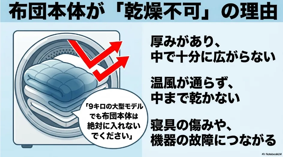 厚い布団本体はドラム内で広がらず温風が通りにくいため乾太くんへ入れられないことを示した図