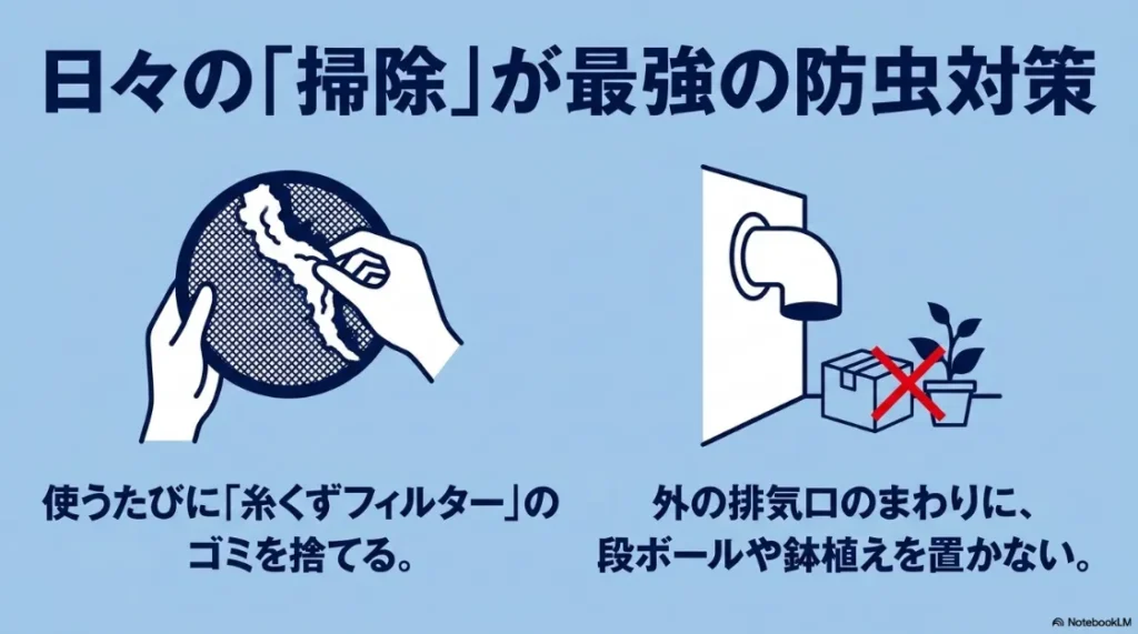 乾太くんの日常メンテナンス。糸くずフィルターの掃除と屋外排気口まわりに段ボールや鉢植えを置かない対策