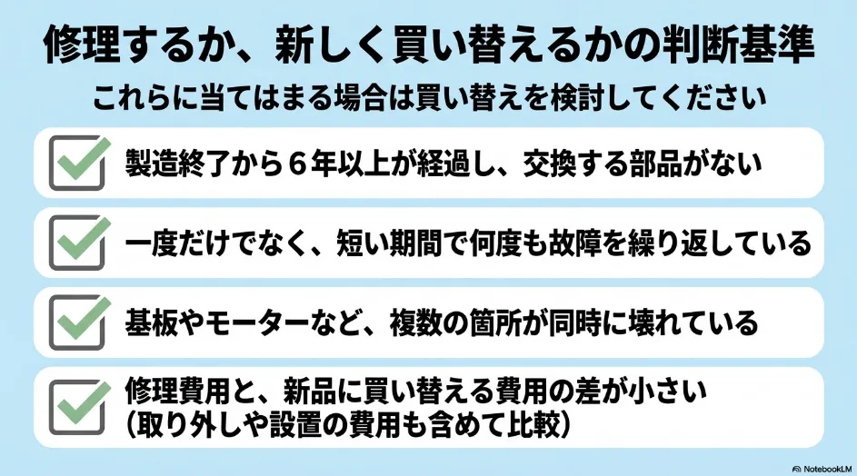 乾太くんを修理するか買い替えるかの判断基準として、部品供給、故障頻度、複数部品の故障、修理費と買い替え費用の差を示したスライド