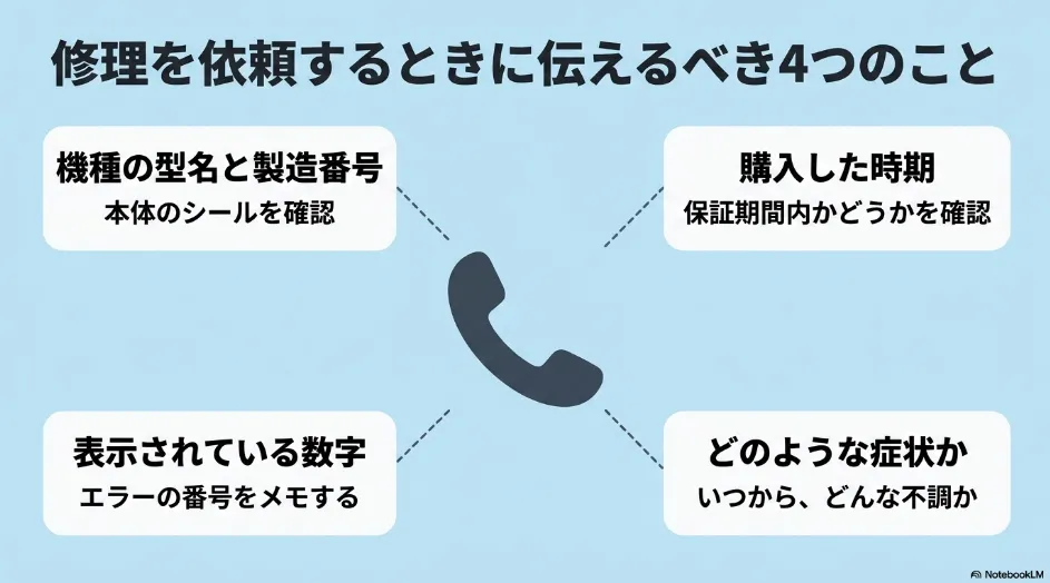 乾太くんの修理依頼時に伝える情報として、型式と製造番号、購入時期、表示されたエラー番号、症状と発生時期を示したスライド
