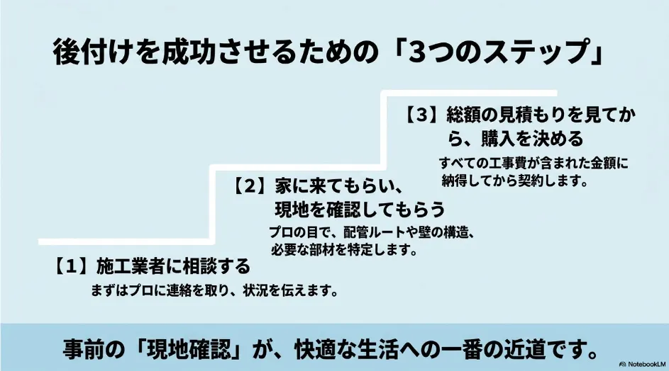 施工業者への相談、現地確認、工事費込み総額の確認という乾太くん後付けの3ステップ
