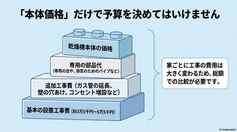 乾太くんの後付け総額を基本設置工事費、追加工事費、専用部品代、本体価格に分けた図