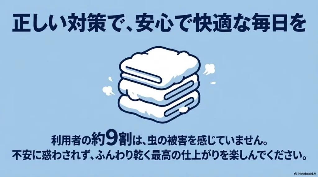 正しい対策で安心な乾太くんライフ。約9割の利用者が虫被害を感じていないデータと快適な仕上がりのイメージ