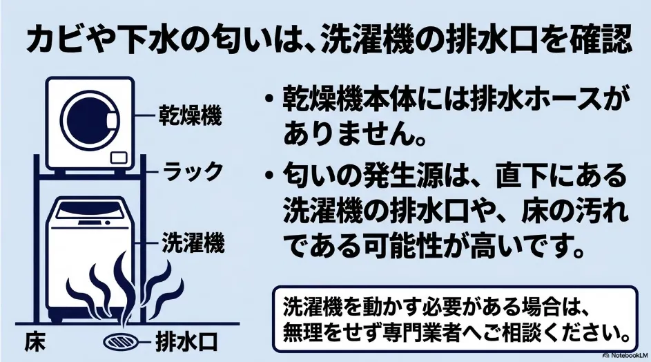 乾太くん周辺のカビ臭や下水臭は洗濯機の排水口や床排水口を確認する図