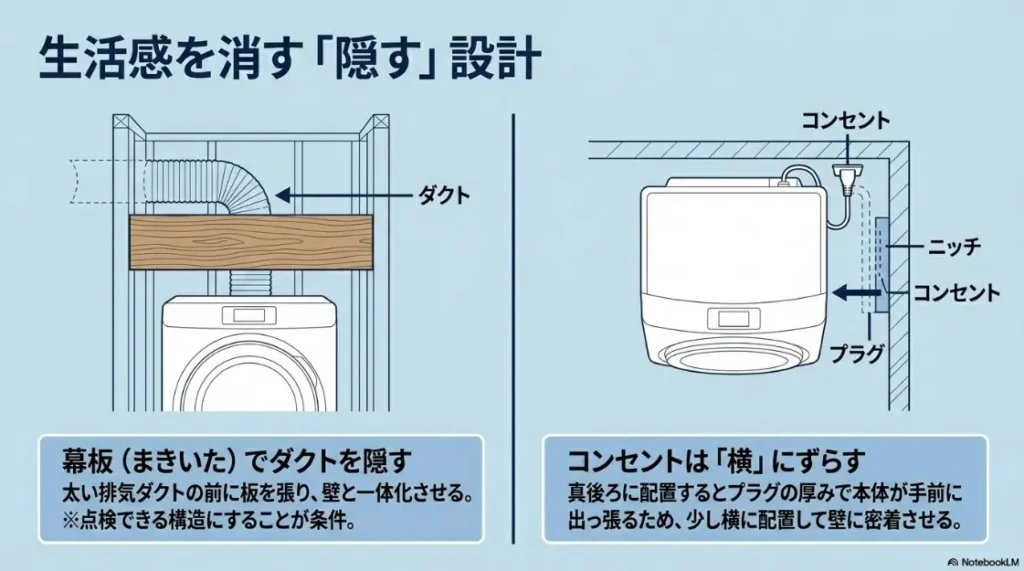 乾太くんの生活感を消す隠蔽設計。幕板によるダクト隠しと、コンセントを横にずらして壁に密着させる手法の解説。