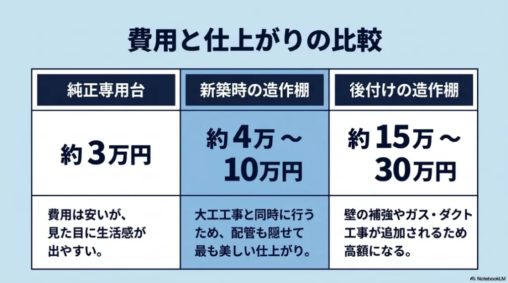 乾太くん設置の費用比較表。純正台約3万円、新築造作4〜10万円、後付け造作15〜30万円の目安と仕上がりの違い。
