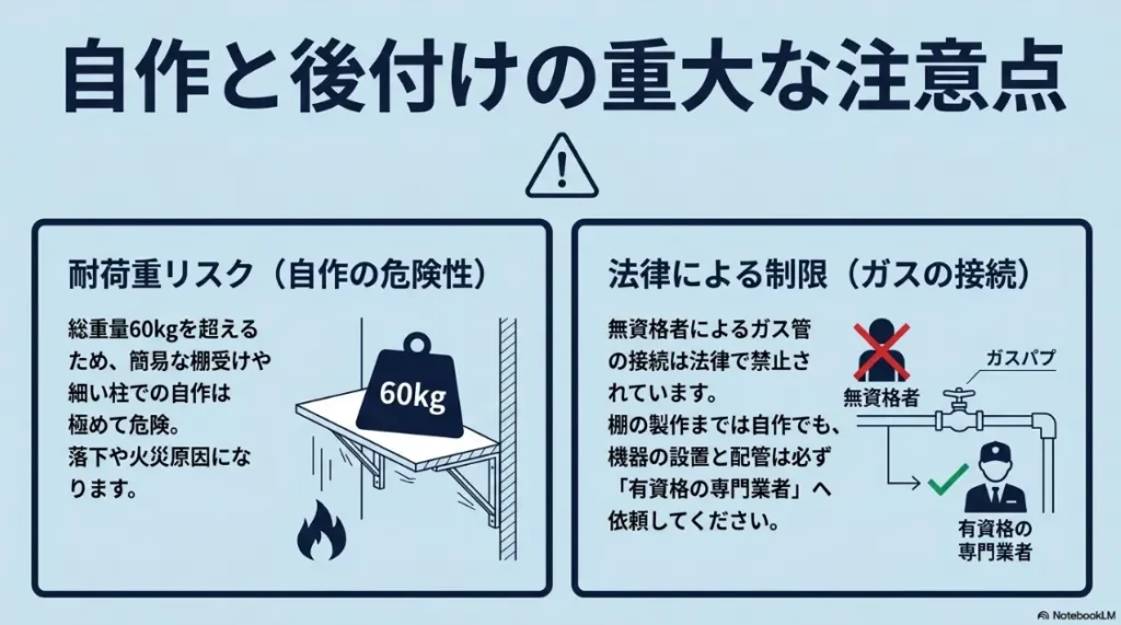 乾太くん造作棚DIYの注意点。60kg以上の耐荷重不足による落下リスクと、無資格者によるガス工事の禁止についての警告。