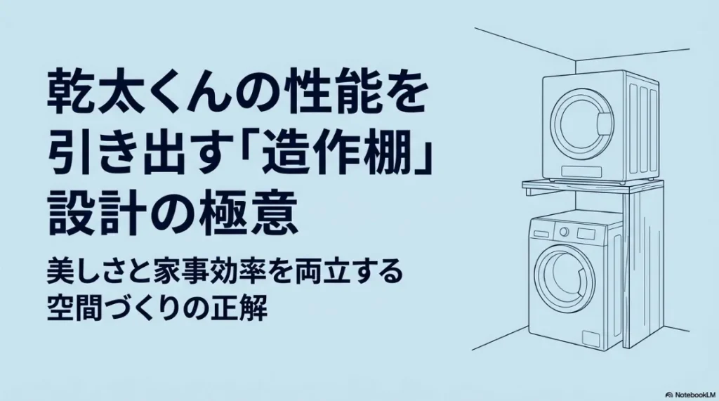 乾太くんの性能を引き出す造作棚設計の極意。美しさと家事効率を両立する空間づくりの解説スライド表紙。