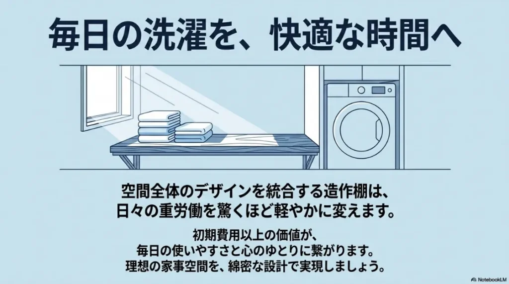 乾太くんと造作棚で叶える快適な家事空間のまとめ。綿密な設計による使いやすさと心のゆとりの実現。