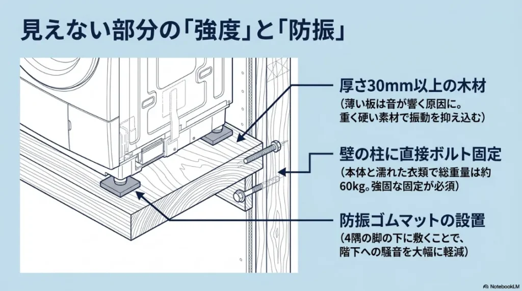 乾太くん造作棚の振動・強度対策。30mm以上の厚い木材、壁の柱へのボルト固定、防振ゴムマットの設置図解。