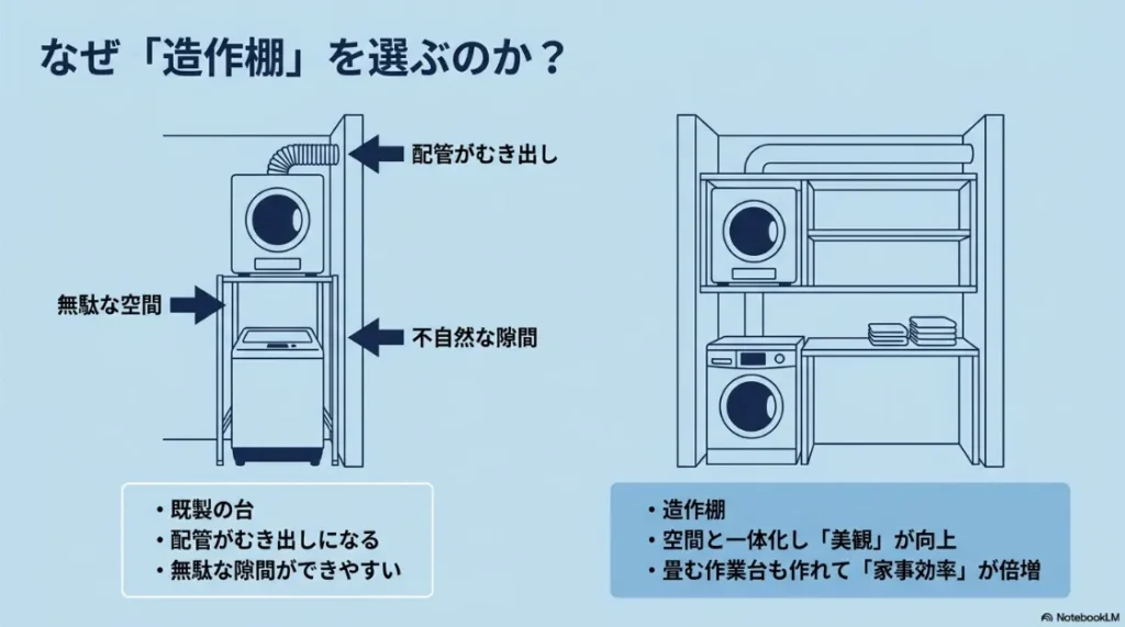 乾太くんの既製品専用台と造作棚の比較。既製台は配管露出や隙間が目立つが、造作棚は空間と一体化し家事効率が向上することを説明。