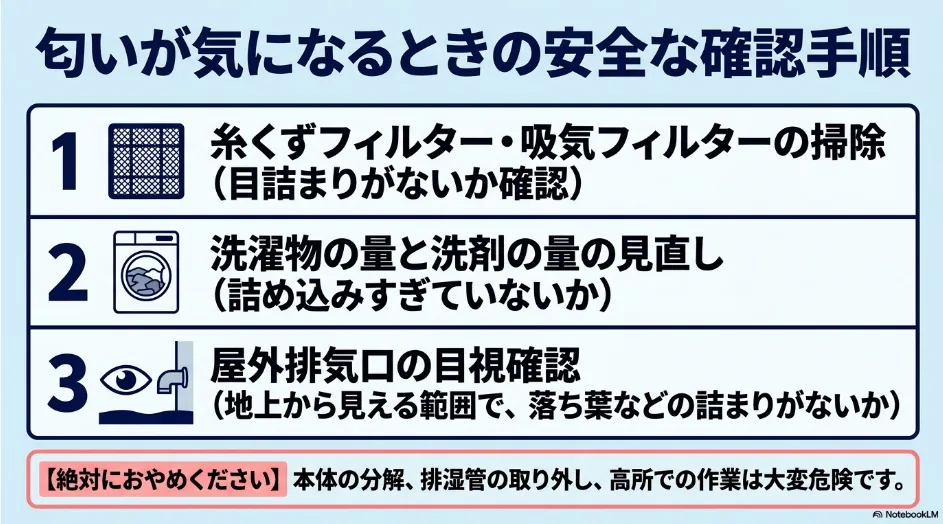 乾太くんの匂いが気になるときにフィルター・洗濯物量・排湿口を確認する手順