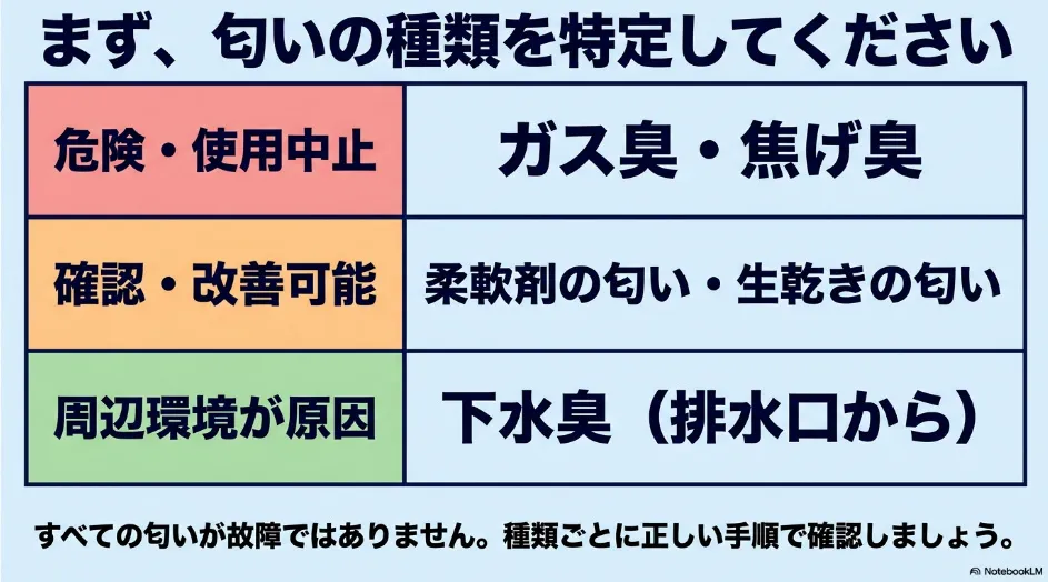 乾太くんの匂いをガス臭・焦げ臭・柔軟剤臭・生乾き臭・下水臭に分類した一覧