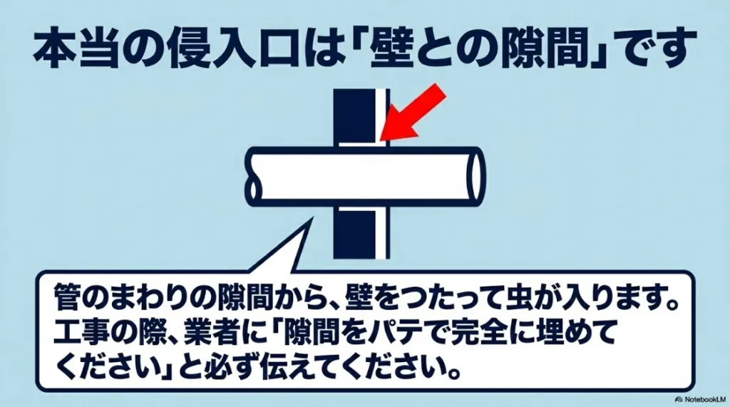 乾太くんの本当の侵入口は壁との隙間。配管周りをパテで完全に埋める施工の重要性