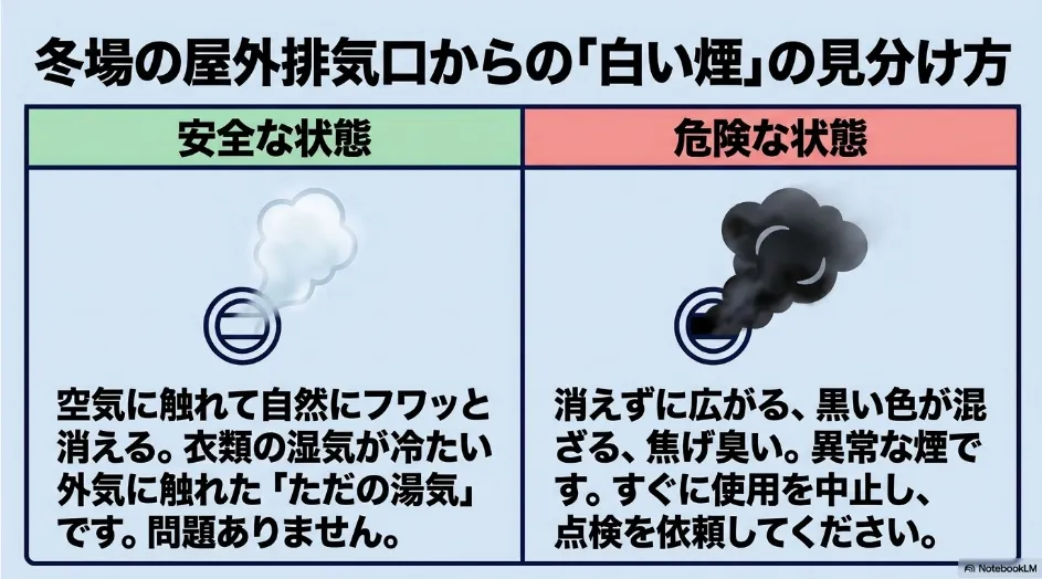 冬の乾太くんの屋外排気口から出る白い湯気と危険な黒い煙の見分け方