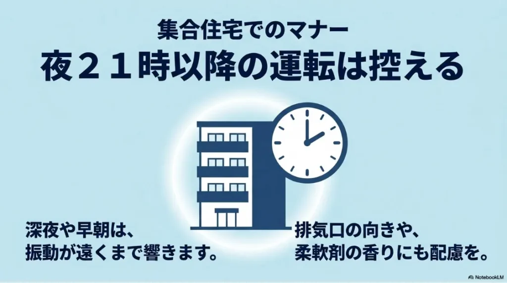集合住宅でのマナーとして夜21時以降の運転制限や、排気口の向き・柔軟剤の香りへの配慮を説明するスライド