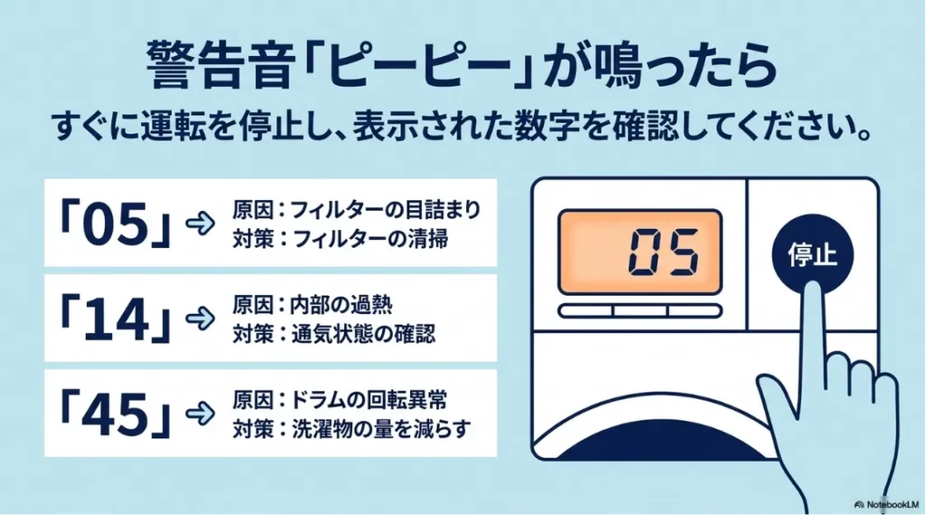 警告音ピーピーが鳴った際のエラーコード「05」などの原因と対策を説明する、停止ボタンを押す手のイラスト付きスライド