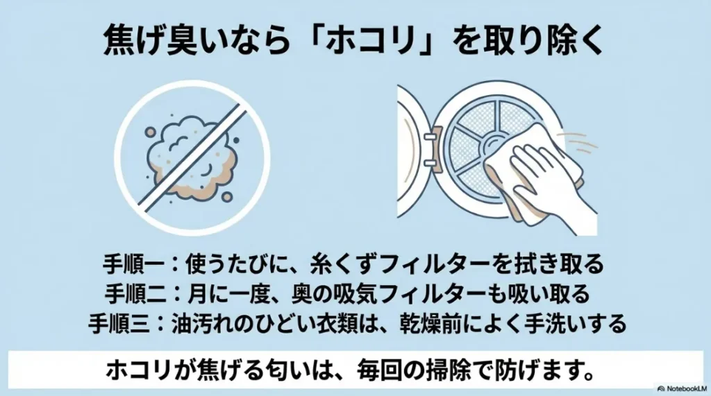 焦げ臭い匂いを防ぐためのホコリ取り手順。糸くずフィルターの拭き取りと吸気フィルターの掃除方法。