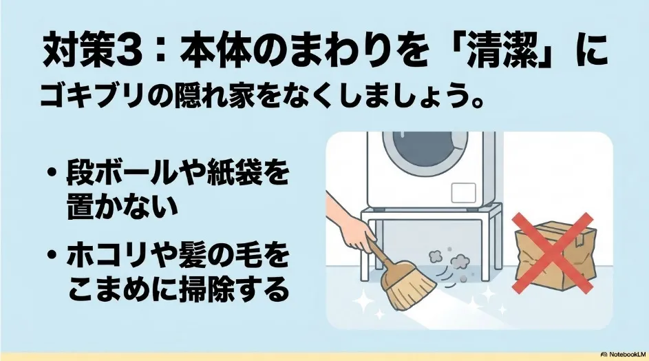 乾太くんの本体下を掃除し段ボールを置かないゴキブリ対策
