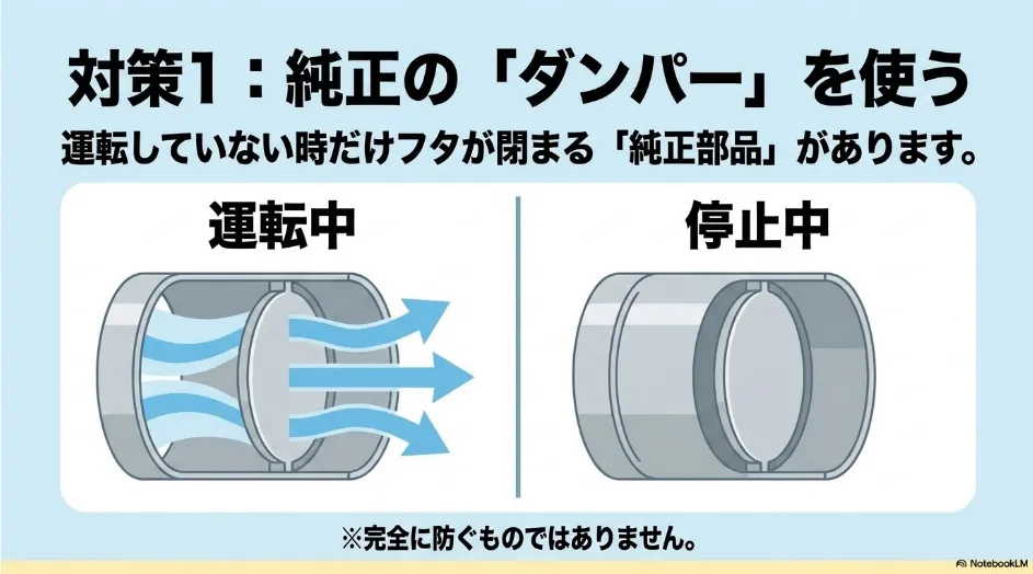 乾太くんの純正ダンパーが運転中は開き停止中は閉じる仕組みを示す図