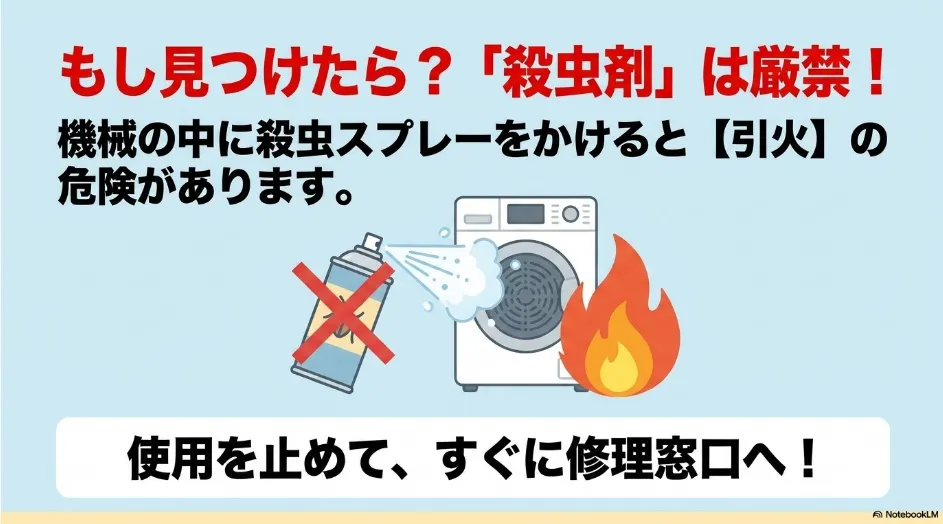 乾太くん内部へ殺虫スプレーを噴射すると引火の危険があることを示す注意図