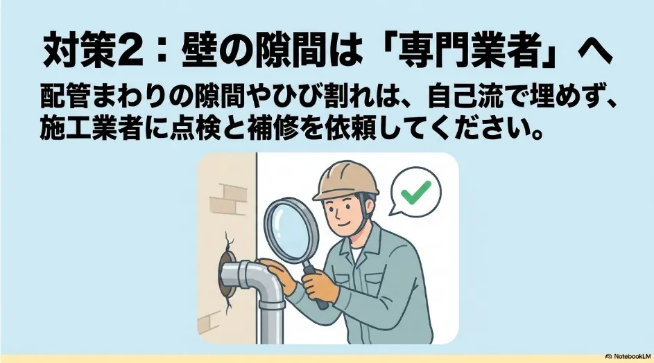 乾太くんの排湿管まわりにある壁の隙間を施工業者が点検する様子