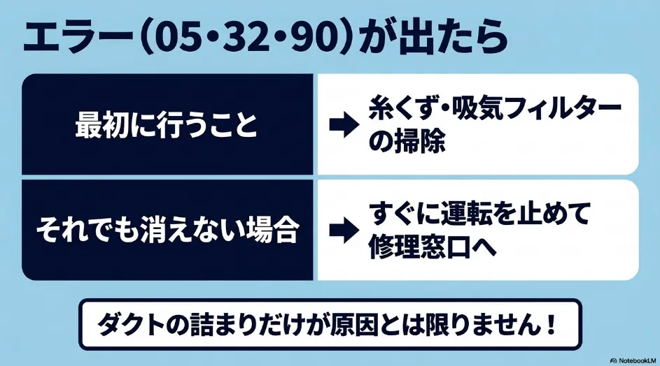乾太くんでエラー05・32・90が表示された場合に、最初にフィルターを掃除し、改善しなければ修理窓口へ相談する流れ