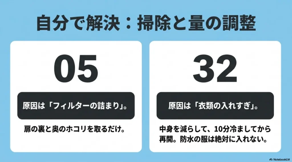 エラー05(フィルター詰まり)とエラー32(衣類の入れすぎ)の具体的な原因と自分での解決方法をまとめたスライド。
