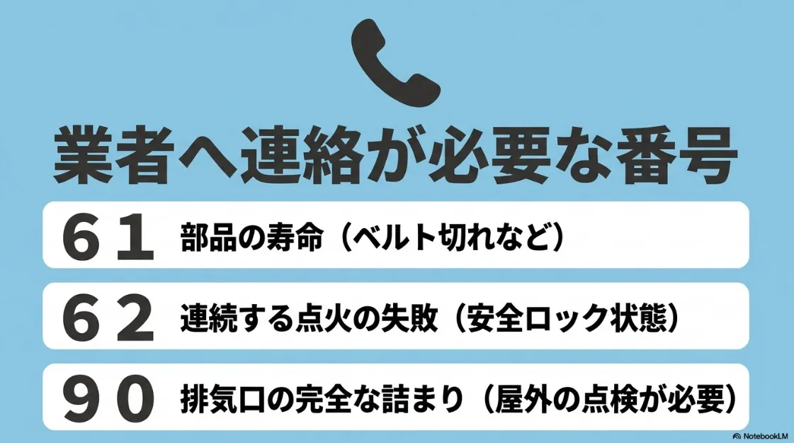 業者への連絡が必要なエラー番号61(ベルト切れ等)、62(点火失敗)、90(排気口詰まり)をまとめたスライド。