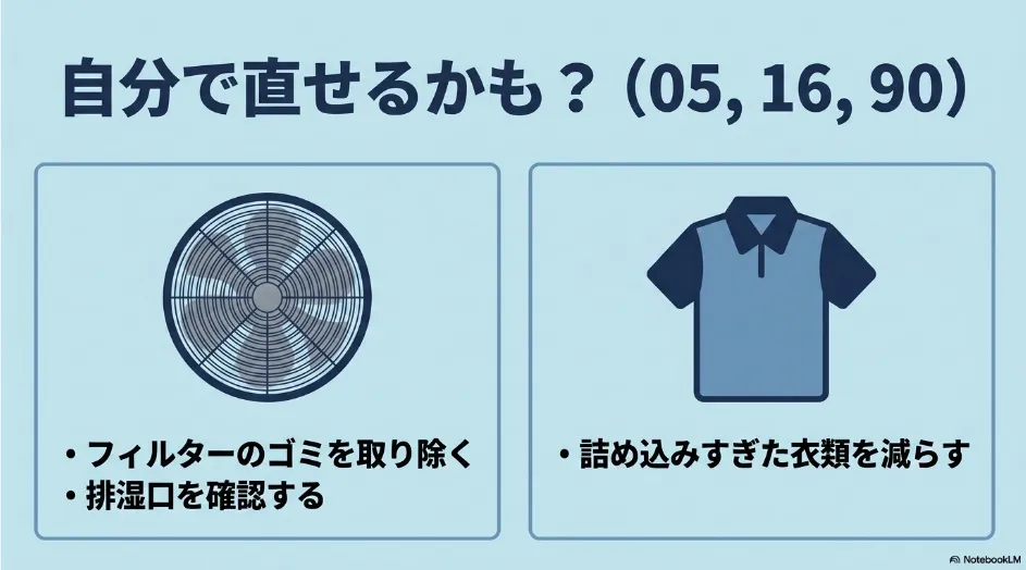 乾太くんのエラー05・16・90でフィルター、排湿口、衣類量を確認する図