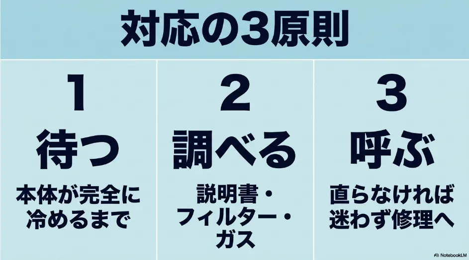 乾太くんのエラー対応を待つ、調べる、修理を頼むの3段階で示した図
