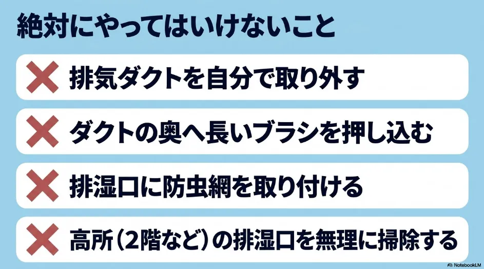 乾太くんの排気ダクト取り外し、長いブラシの押し込み、防虫網の設置、高所排湿口の無理な清掃を禁止する注意事項