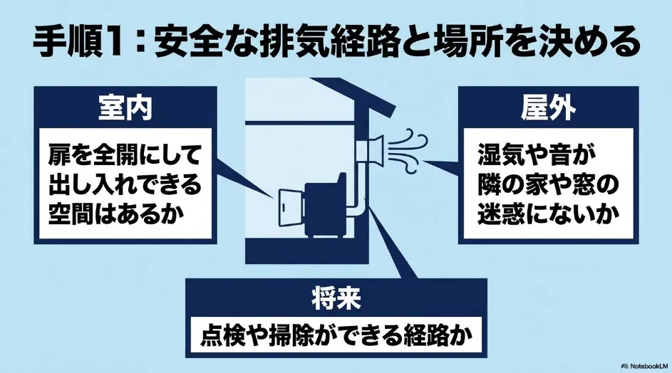 乾太くんの排湿経路について室内の操作空間と屋外への影響と将来の点検経路を確認する図