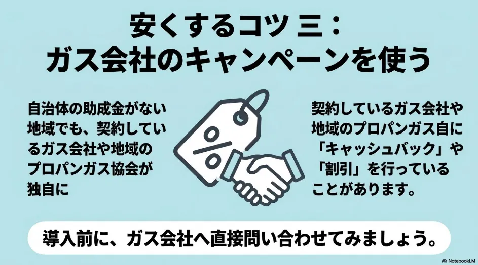 ガス会社や地域のLPガス関連団体が実施する乾太くんのキャッシュバックや割引キャンペーンを確認する方法