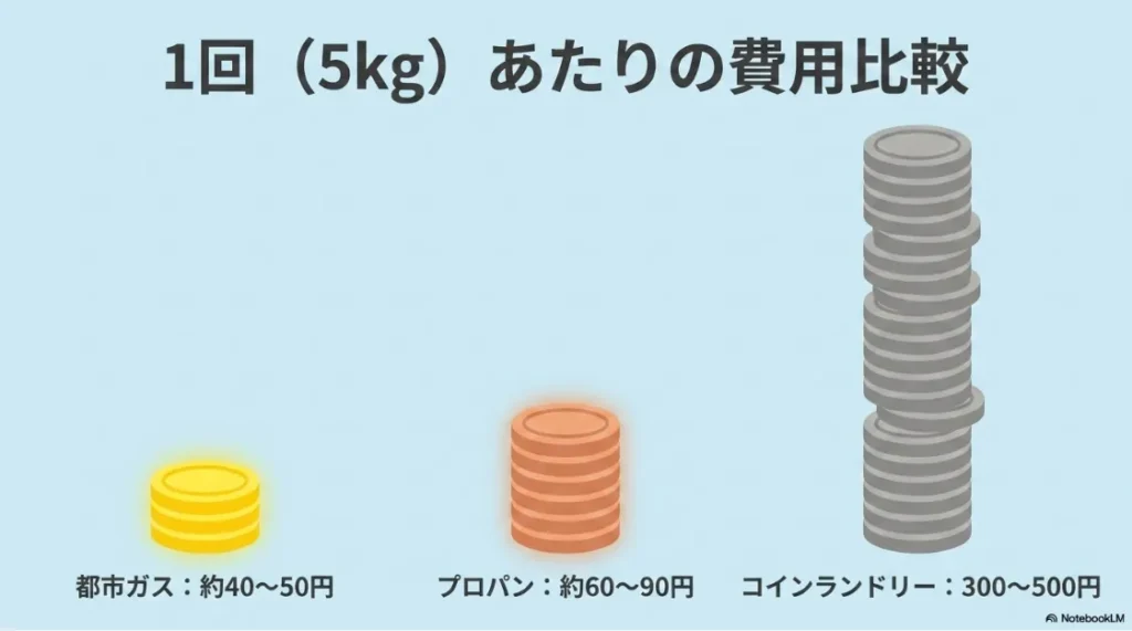 1回5kgあたりの費用比較。都市ガス40〜50円、プロパン60〜90円、コインランドリー300〜500円。