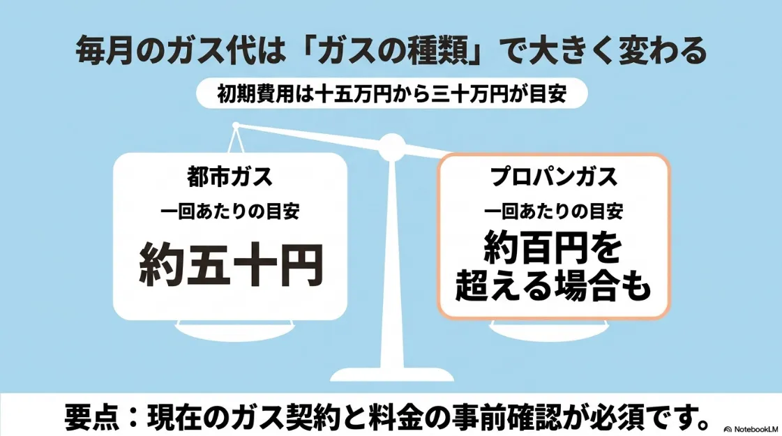 都市ガス（約50円）とプロパンガス（約100円以上）の1回あたりのガス代比較と初期費用の目安。