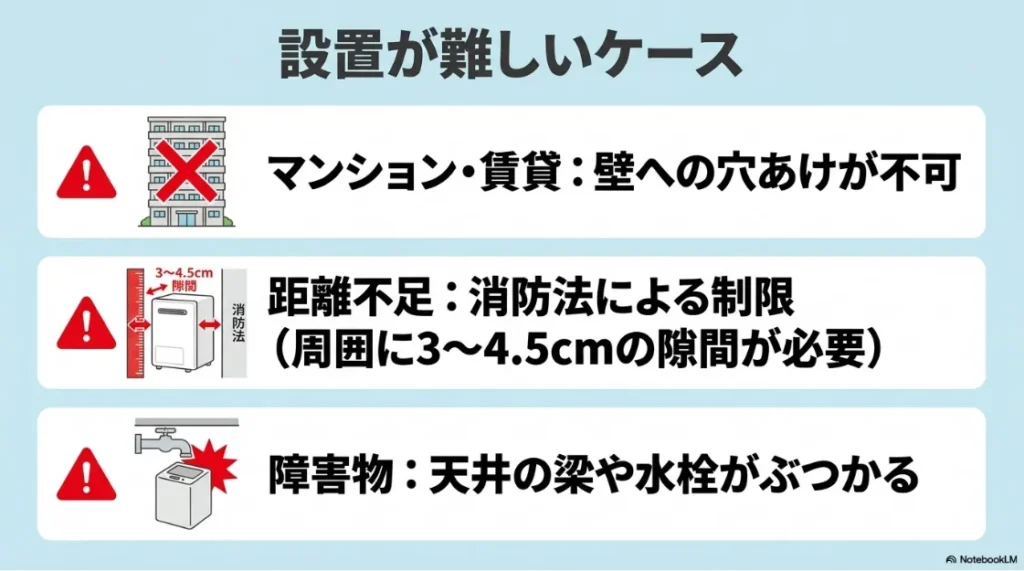 設置が難しいケース。マンション・賃貸の壁穴あけ不可、消防法による距離不足、天井の梁や水栓の障害物。