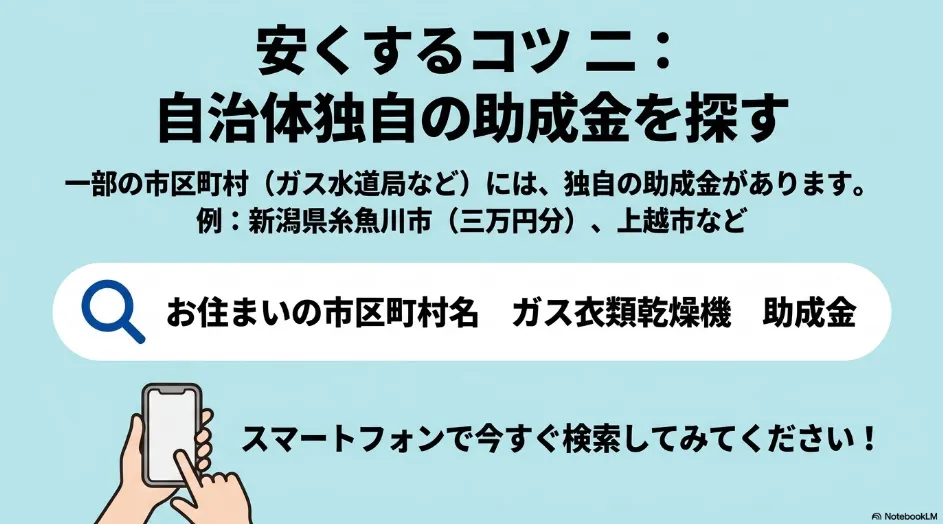 糸魚川市や上越市など自治体独自のガス衣類乾燥機助成金を、市区町村名で検索する方法