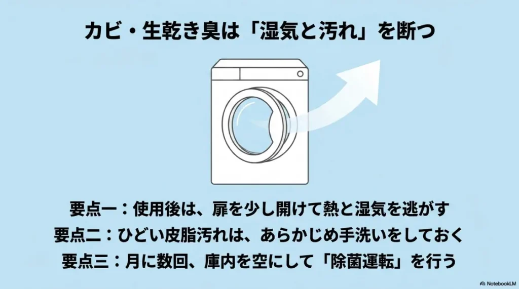 カビ・生乾き臭を防ぐ湿気と汚れ対策。扉を開けての換気や除菌運転の推奨。