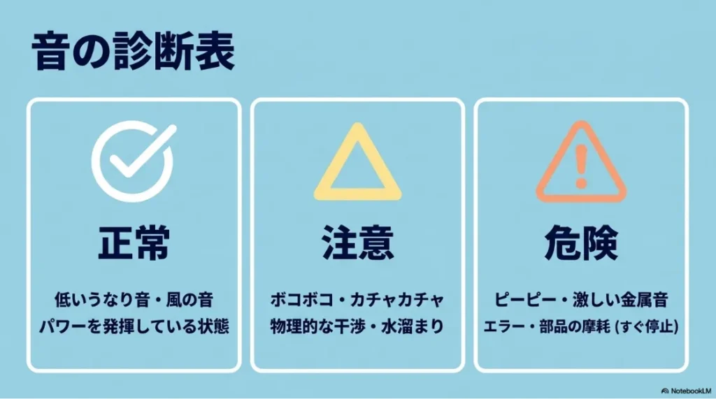 正常(うなり音)、注意(ボコボコ・カチャカチャ)、危険(ピーピー・激しい金属音)に分類された乾太くんの音の診断表スライド