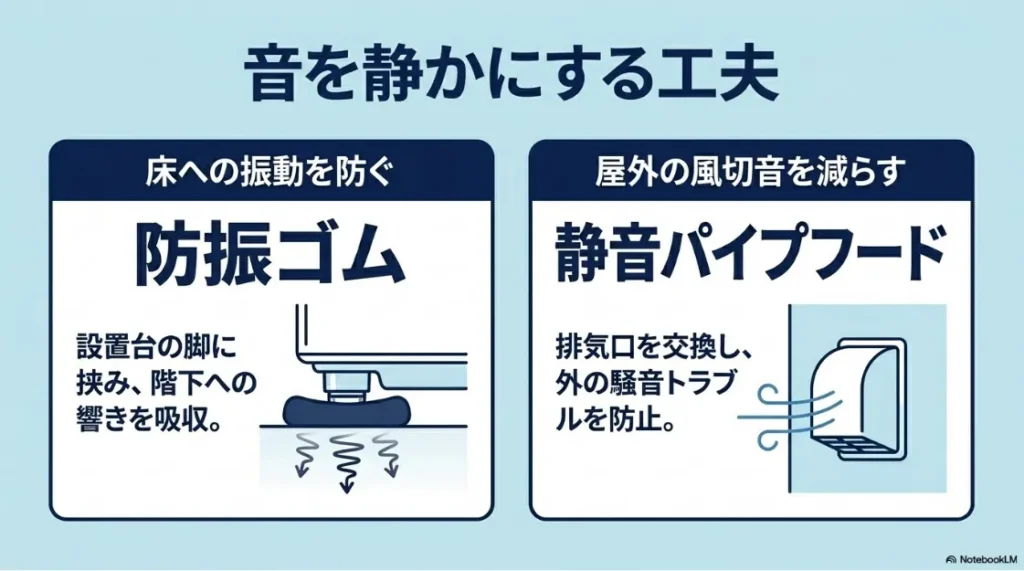 防振ゴムによる床への振動防止と、静音パイプフードによる屋外の風切音対策を説明するイラスト付きスライド